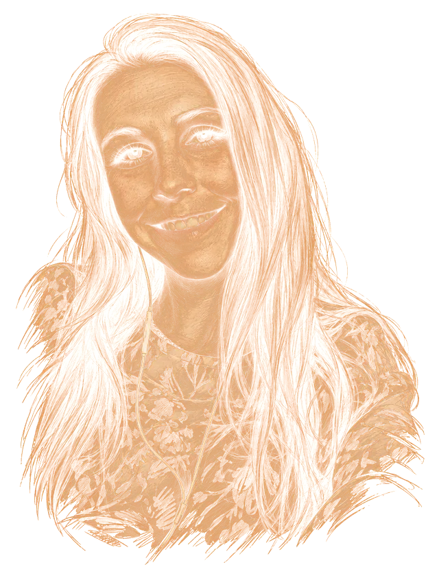 Camille Sauton, portrait au traitement croquis, trait bronze sur fond sombre.