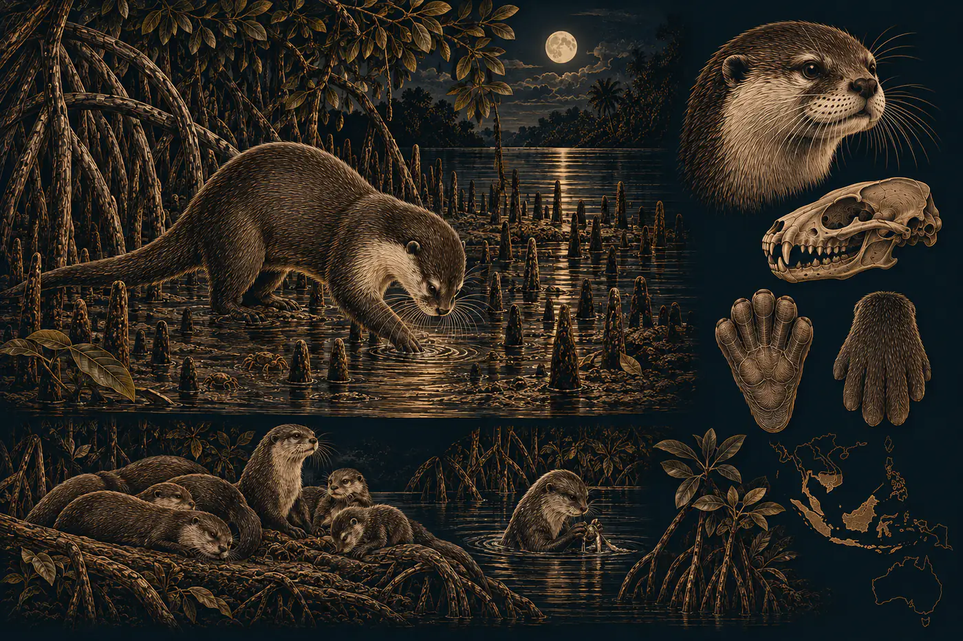Planche naturaliste en trait bronze sur fond nocturne : une loutre cendrée fouille l'eau d'une mangrove à la patte, entre les racines des palétuviers, sous la pleine lune. Autour, sa tête, son crâne, ses pattes aux griffes réduites, un groupe familial et une carte de l'Asie du Sud-Est.