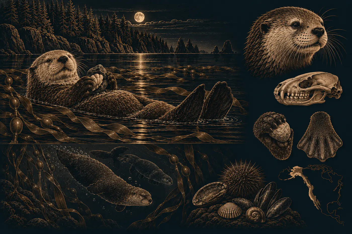 Planche naturaliste en trait bronze sur fond nocturne : une loutre de mer flotte sur le dos dans une forêt de kelp, un coquillage posé sur le ventre, devant une côte de conifères sous la lune. Autour, sa tête, son crâne aux molaires broyeuses, ses pattes, un oursin et des coquillages, et une carte du Pacifique Nord.