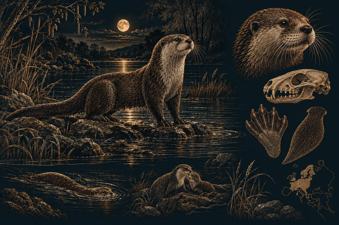 Planche naturaliste en trait bronze sur fond nocturne : une loutre d'Europe dressée sur des rochers au bord d'une rivière, sous la pleine lune. Autour, sa tête en gros plan, son crâne, une patte palmée, deux individus dans l'eau et une carte de répartition européenne.