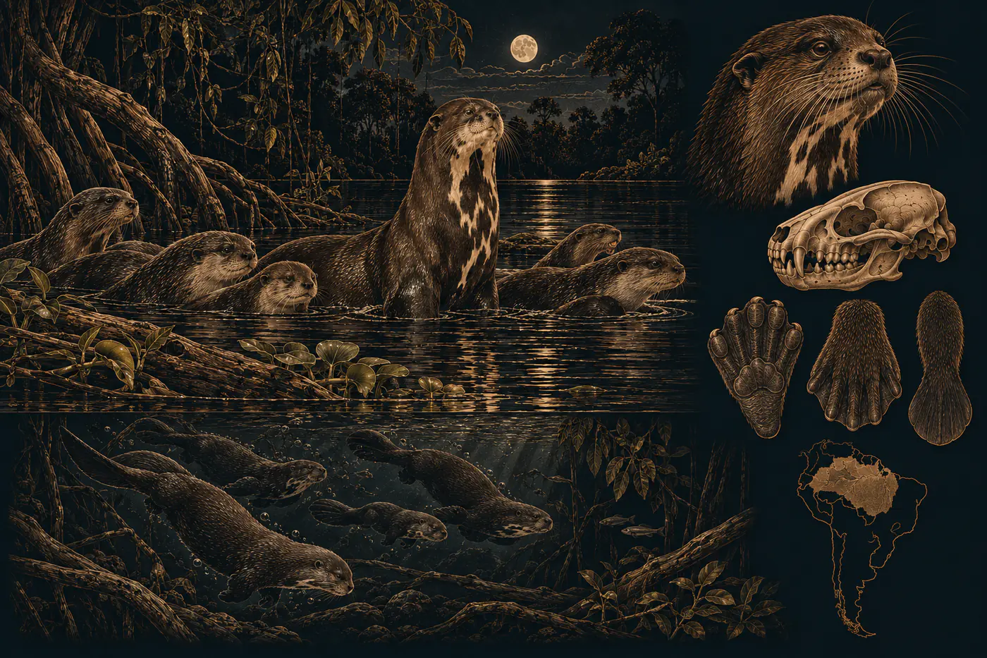 Planche naturaliste en trait bronze sur fond nocturne : un groupe de loutres géantes dans une rivière amazonienne, la tache claire de leur gorge bien visible, sous la pleine lune. Autour, une tête en gros plan, un crâne, des pattes palmées, la queue en palette et une carte d'Amérique du Sud.