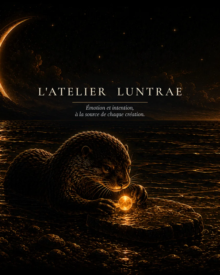 Illustration de la série L'Atelier LUNTRAE : une loutre dorée façonne une source de lumière au bord d'une eau nocturne, sous un croissant et une pleine lune. Signature : Émotion et intention, à la source de chaque création.