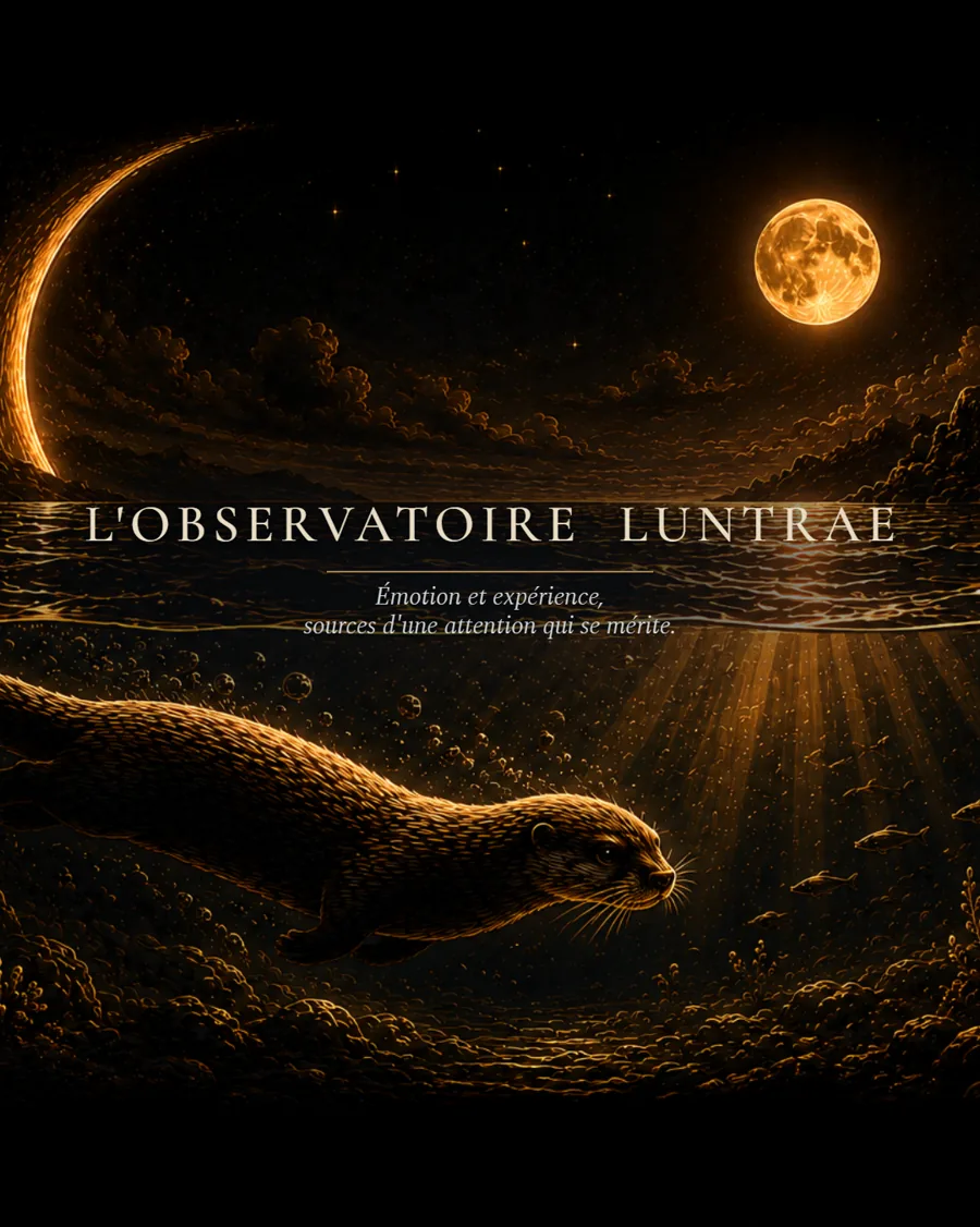 Illustration de la série L'Observatoire LUNTRAE : une loutre dorée plonge sous la surface d'une eau nocturne, sous un croissant et une pleine lune. Signature : Émotion et expérience, sources d'une attention qui se mérite.